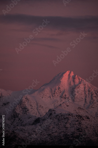 sunrise at lofoten islands mountains. peaks during winter sunrise. pinky and red light with peak and mountains under snow. skottinden and himmeltindan photo