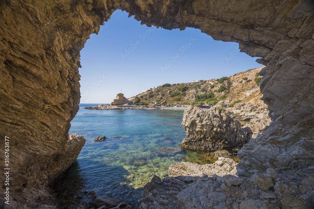 Landscape of Grande Blue Stegna beach (Secret beach), Rhodes, Greece