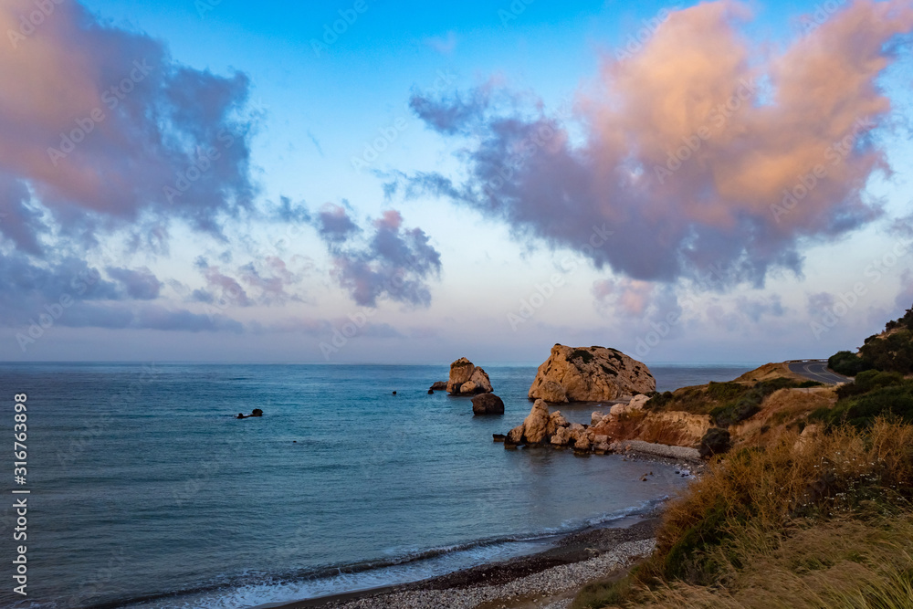 Cyprus. Aphrodite's stone. Petra tou Romiu. Sea cliffs off the coast. Rock Aphrodite in Cyprus. Travel to the islands of the Mediterranean. Beaches of the island of Cyprus. Sea coast. Tourism