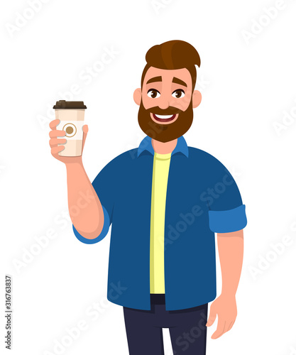 Young bearded trendy man holding a coffee cup in hand. Male character design illustration. Modern lifestyle, food and drink, break, rest concept in vector cartoon style.