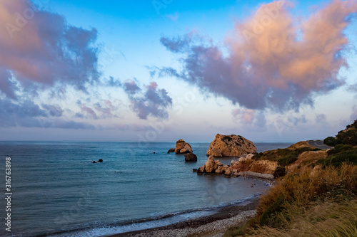 Cyprus. Aphrodite's stone. Petra tou Romiu. Sea cliffs off the coast. Rock Aphrodite in Cyprus. Travel to the islands of the Mediterranean. Beaches of the island of Cyprus. Sea coast. Tourism photo