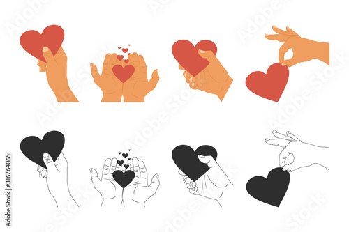 Hands hold heart vector cartoon icons set isolated on a white background.