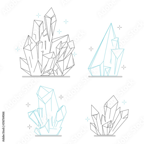 Crystals and diamonds line icons vector set isolated on a white background.