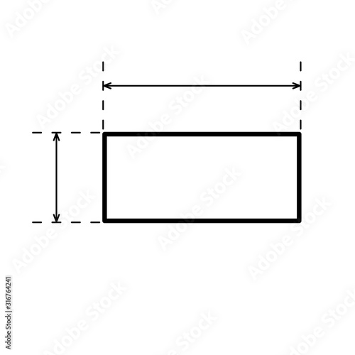 Rectangle with arrows for measuring length and width. Linear template. Black simple illustration. Contour isolated vector image on white background. Mathematical drawing for repair or construction