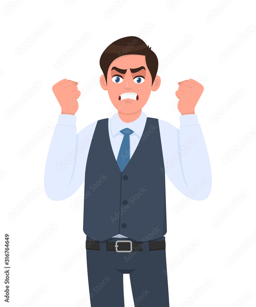 Frustrated, angry young businessman raised his hand fists shout/screaming. Crazy, negative, bad facial expressions. Male character design illustration. Human emotions concept in vector cartoon style. Frustrated, angry young businessman raised his hand fists shout/screaming. Crazy, negative, bad facial expressions. Male character design illustration. Human emotions concept in vector cartoon style.