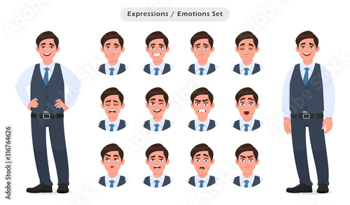 Set of male character's facial expressions. Collection of man with different emotions. Emoji with various face reactions. Human feelings concept illustration in vector cartoon style.