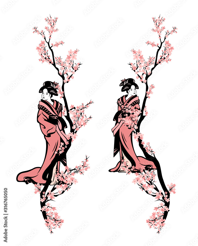 beautiful japanese geisha woman wearing traditional kimono under blooming sakura tree branches - seasonal vertical decor vector set