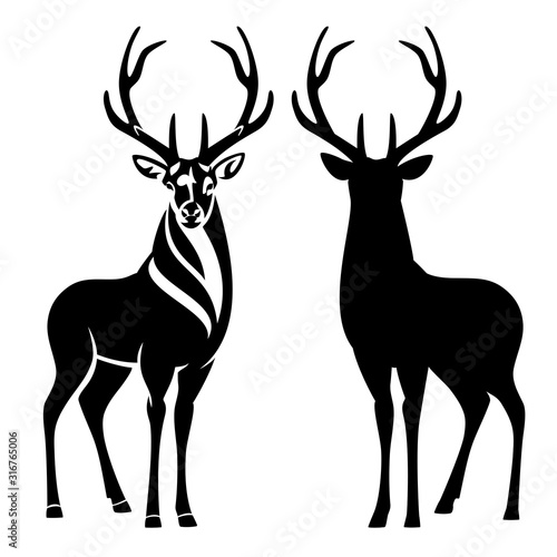 graceful deer stag with large antlers standing and looking en face - black and white vector outline and silhouette
