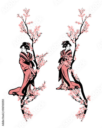 beautiful japanese geisha woman wearing traditional kimono under blooming sakura tree branches - seasonal vertical decor vector set