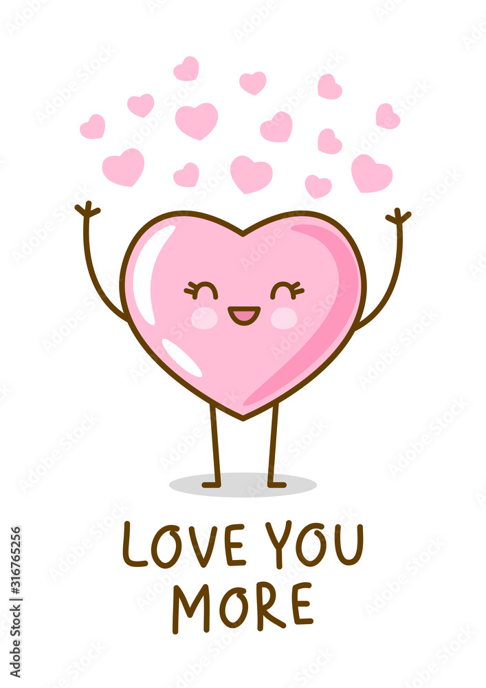Kawaii pink heart emoji isolated on white background. Vector character for Valentines day cute design