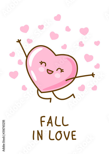 Kawaii pink heart emoji isolated on white background. Vector character for Valentines day cute design