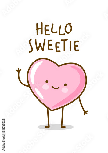 Kawaii pink heart emoji isolated on white background. Vector character for Valentines day cute design