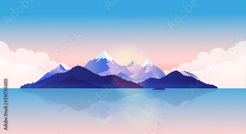 Island vector illustration. View of a deserted Island alone in the ocean, reflecting in the sea. Clouds, blue sky and sunrise in the background. Mysterious, beautiful and calm background.