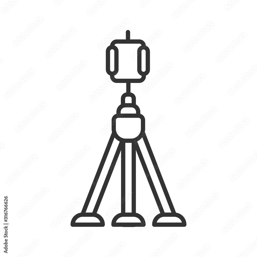 Tripod black line icon. Action camera stand concept. Photographer tool. Pictogram for web page, mobile app, promo. UI UX screen. User interface display. Editable stroke. Tripod black line icon. Action camera stand concept. Photographer tool. Pictogram for web page, mobile app, promo. UI UX screen. User interface display. Editable stroke.
