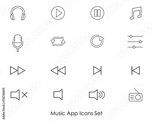 Set of icons for music player app or website streaming service. User Interface elements - Simple vector line art illustration.
