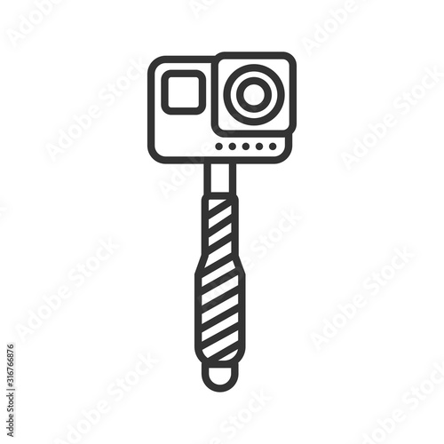 Selfie stick black line icon. Action camera and monopod concept. Blogger tool. Pictogram for web page, mobile app, promo. UI UX screen. User interface display. Editable stroke.