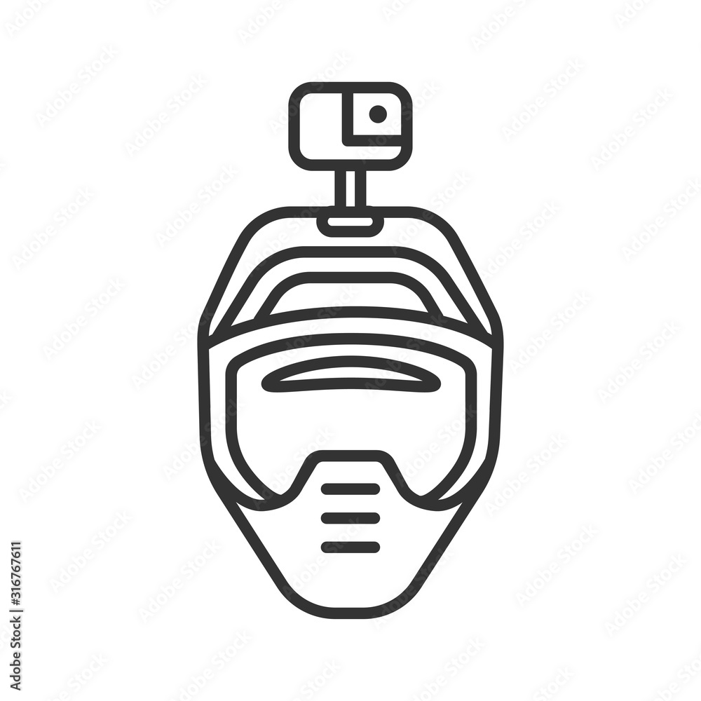 Motorcycle helmet with action camera black line icon. Photography and video surveillance concept. Head protection for extreme sports. Pictogram for web page, mobile app, promo. Editable stroke. Motorcycle helmet with action camera black line icon. Photography and video surveillance concept. Head protection for extreme sports. Pictogram for web page, mobile app, promo. Editable stroke.