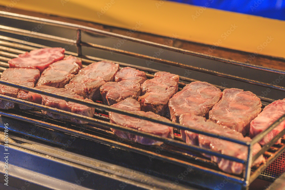 Wagyu Beef Steak Cooking. Grilled Beef On Charcoal Stove. Barbecue ...