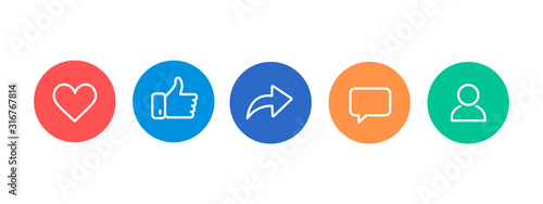 Like, thumb up, repost, comments, subscribers thin line icons.