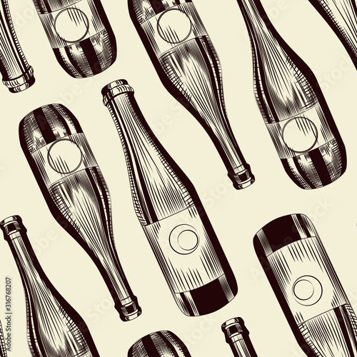 Hand drawn cider bottle seamless pattern. Craft beer bottle backdrop.