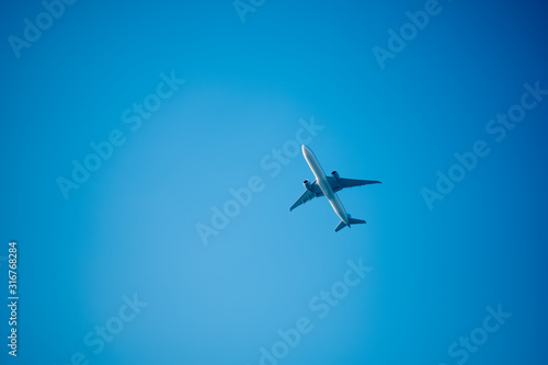 Commercial airline flying on blue sky