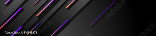 Black tech abstract banner design with violet orange neon laser lines. Glowing modern futuristic background. Vector illustration