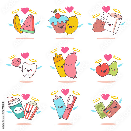Funny couples in love with a nimbus and angel wings. Cute characters for Valentine's day vector cartoon set isolated on white background.