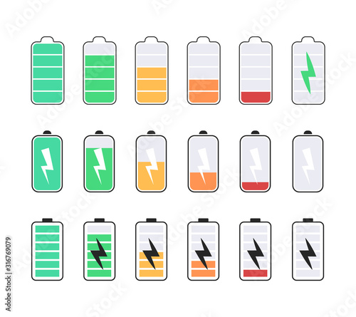 Vector set of battery icons. Charge battery level. Color battery icons.