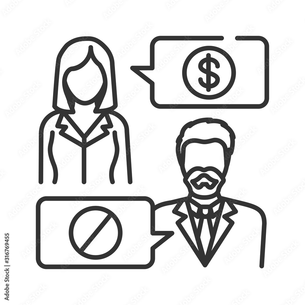 Refusal of a bribe line black icon. Business bribery and kickback corruption concept. Sign for web page, mobile app, button, logo. Vector isolated button. Editable stroke. Refusal of a bribe line black icon. Business bribery and kickback corruption concept. Sign for web page, mobile app, button, logo. Vector isolated button. Editable stroke.