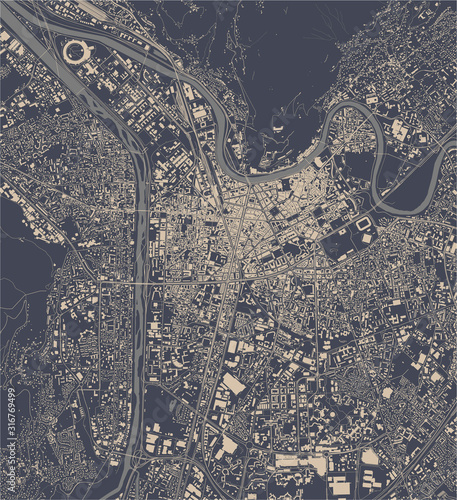 map of the city of Grenoble, Isere, Auvergne-Rhone-Alpes, France