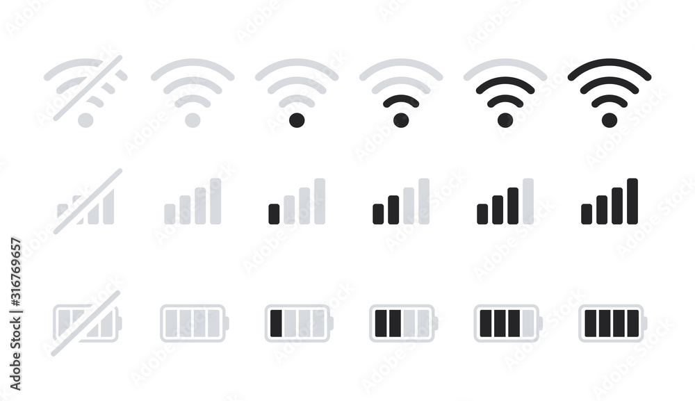 Mobile connection icons, Wi-fi signal, charge battery level. Phone system icons. Vector Mobile connection icons, Wi-fi signal, charge battery level. Phone system icons. Vector