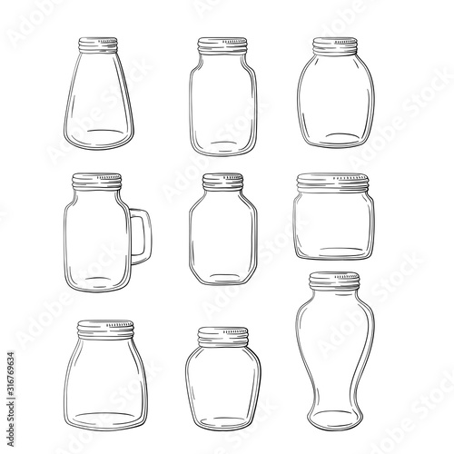 Set of hand-drawn mason jars. Vector set jars.