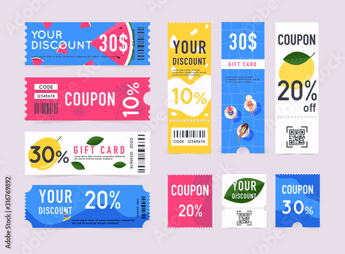 Vector Gift Voucher with Coupon Code. Sale labels with discount numbers.