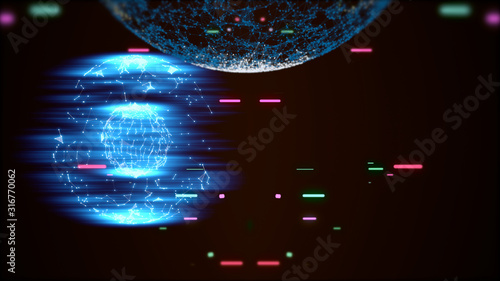 Illumination of two abstract planets with plexus grid on a surface and active colorful celestial bodies flying around. photo