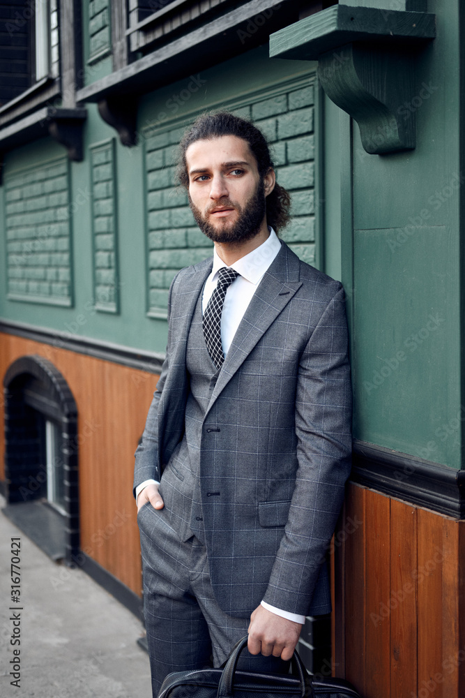 custom made wallpaper toronto digitalAttractive bearded young man in classic suit with bag. Elegancy 