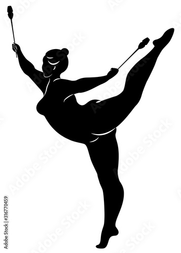 Gymnastics Silhouette of a girl with maces. The woman is overweight, a large body. The girl is full figured. Vector illustration
