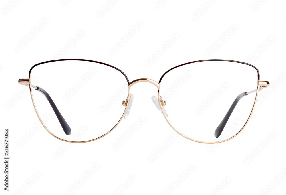 The front view of female eyeglasses in a golden frame isolated on white background The front view of female eyeglasses in a golden frame isolated on white background