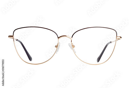 The front view of female eyeglasses in a golden frame isolated on white background