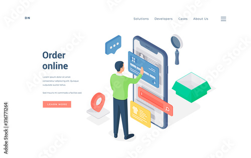 Man making online order on smartphone isometric vector illustration