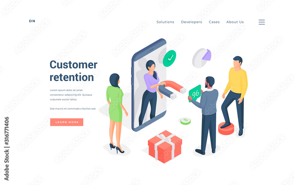 Customer retention activities for smartphone app isometric vector illustration Customer retention activities for smartphone app isometric vector illustration