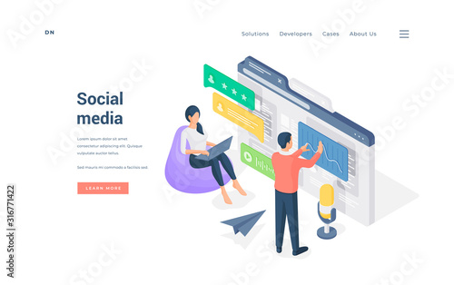 People using modern social media isometric vector illustration