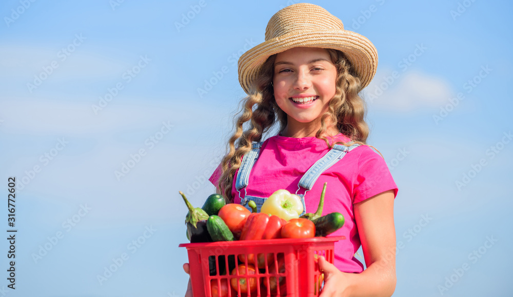 Food choices. healthy food for children. little girl vegetable in basket. Only natural. kid on summer farm. Organic food. happy little farmer. autumn harvest. harvest vitamin. spring market garden