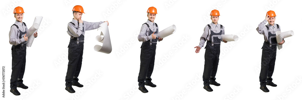 An engineer builder is studying blueprints for building construction or repair. Isolated An engineer builder is studying blueprints for building construction or repair. Isolated