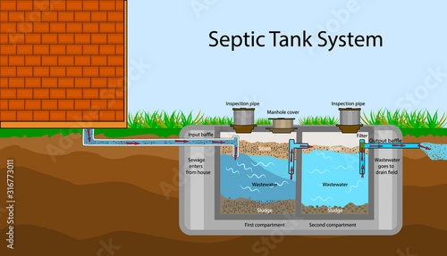 Septic Tank diagram. Septic system and drain field scheme . An underground septic tank illustration. Infographic with text descriptions of a Septic Tank. Domestic wastewater. Flat stock vector EPS 10 photo