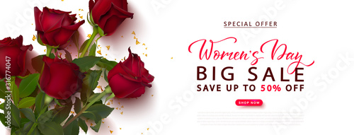 8 March Happy Women's day sale background with Red roses and serpentine. Modern design.Universal vector background for poster, banners, flyers, card,advertising brochure