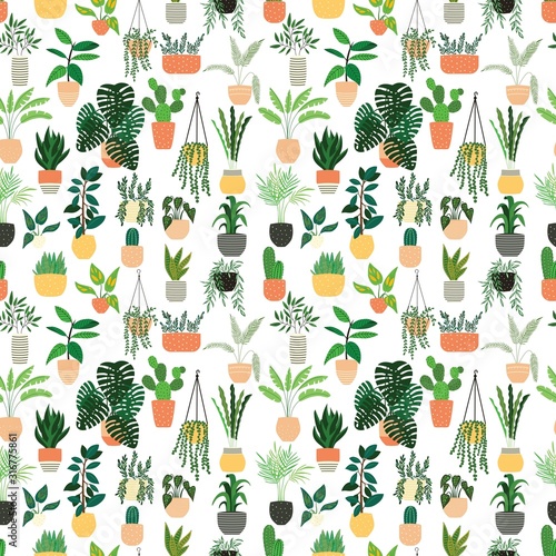 Seamless pattern with collection of hand drawn indoor house plants on white background. Collection of potted plants. Colorful flat vector illustration