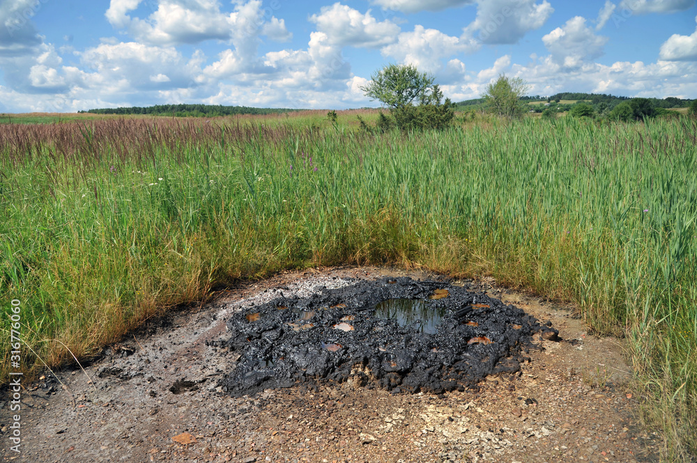Fototapeta premium Active mud (clay and bitumen) volcano on the outskirts of the village Starunja in Carpathian. Spills of crude oil on the soil surface. Crater of the mud volcano.