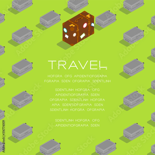 Luggage 3D isometric pattern, Travel business concept poster and social banner post square design illustration isolated on green background with copy space, vector eps 10