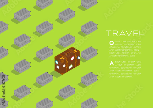 Luggage 3D isometric pattern, Travel business concept poster and social banner post horizontal design illustration isolated on green background with copy space, vector eps 10