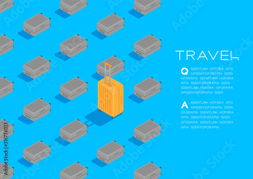 Luggage 3D isometric pattern, Travel business concept poster and social banner post horizontal design illustration isolated on blue background with copy space, vector eps 10
